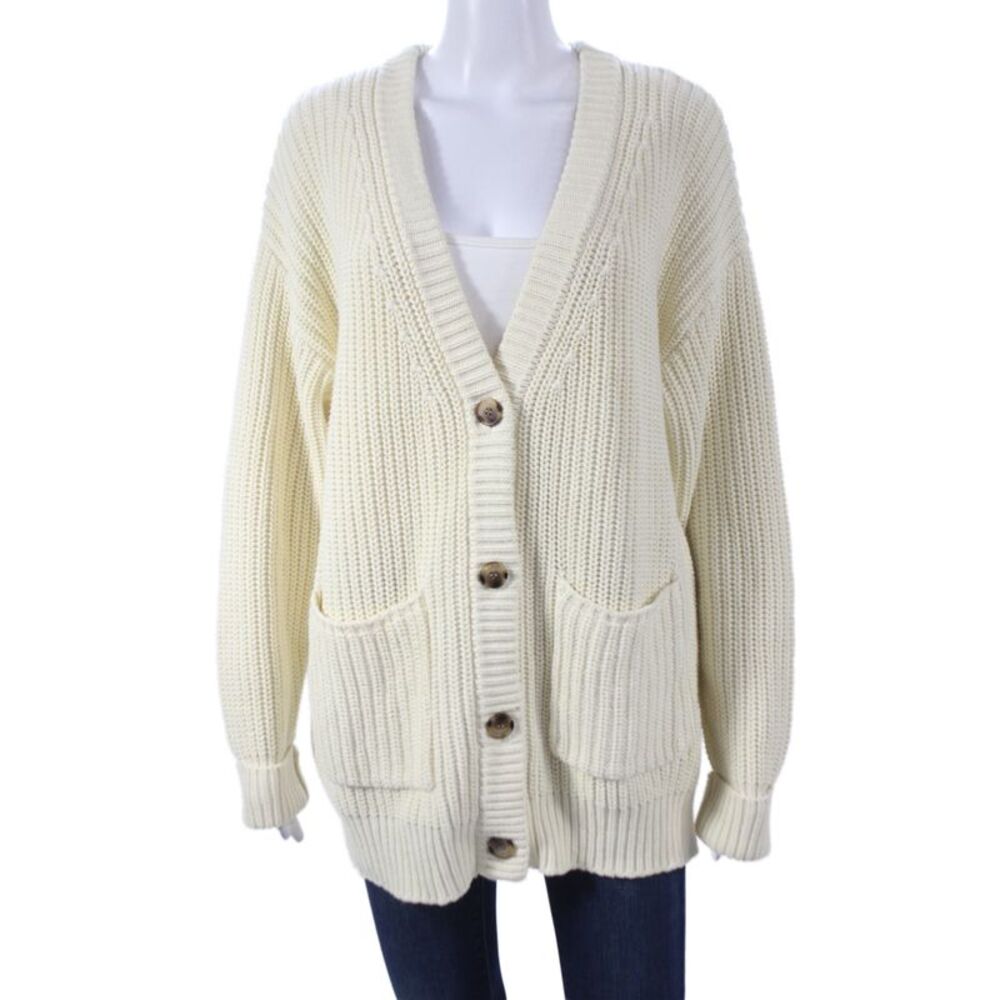 Callahan Womens Ivory V Neck Long Sleeve Cotton Cardigan Sweater Size S